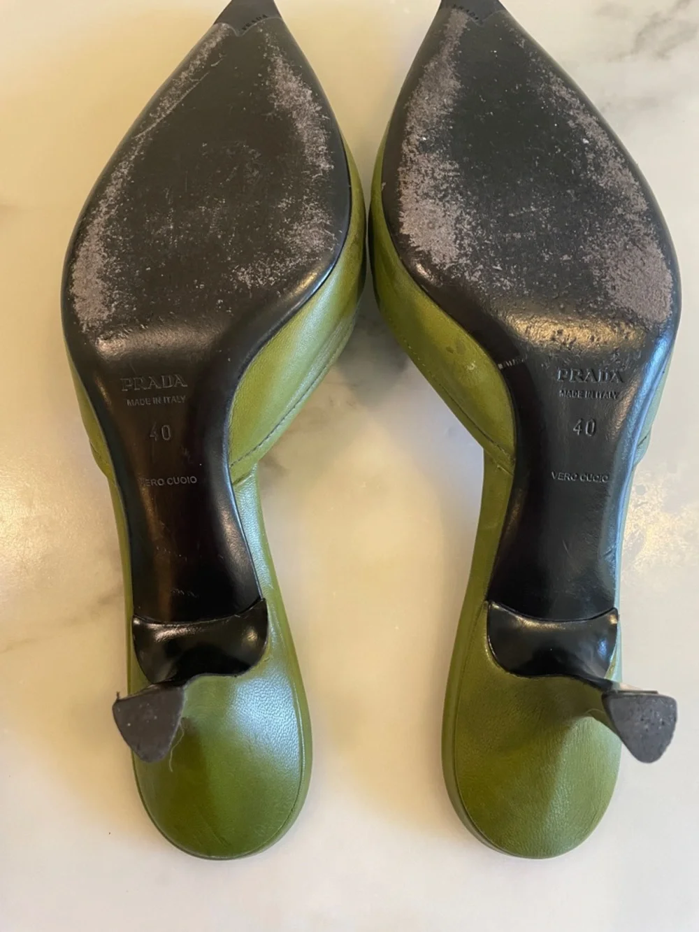 Vintage Prada Green Leather Pointed Kitten Heel Mules, Size 40 - Picture 5 of 14